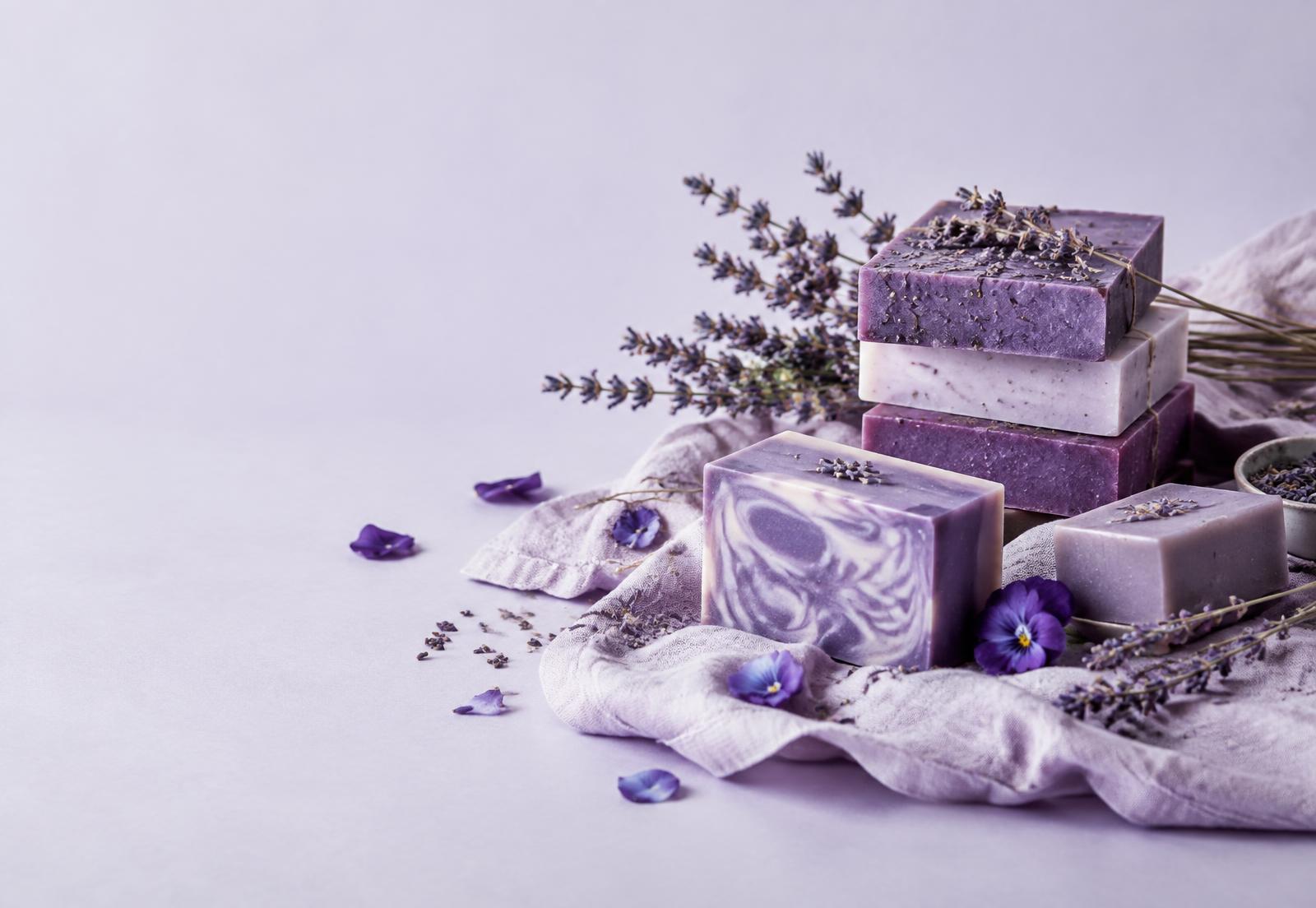 Handmade purple soap bars with dried lavender